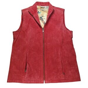 Vintage Ruff Hewn Womens Red Genuine Leather Suede Zip Up Vest Map Print Small